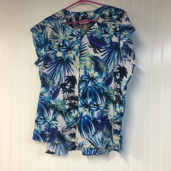 Chico’s Tropical Blue Floral Women's Short Sleeve Button Down Top 2 Large - Picture 1 of 5